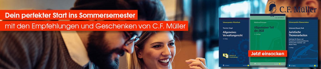 Banner, das den perfekten Start in Sommersemester 2024 mit den Empfehlungen und Geschenken von C.F. Müller anpreist.