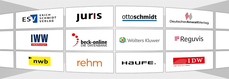 Banner mit Collage von Logos von Anbietern juristischer Datenbanken