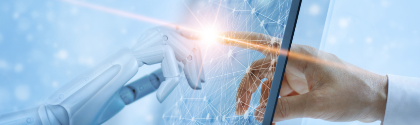 Ein Finger zeigt auf ein Roboter Finger Ein Finger zeigt auf ein Roboter Finger
