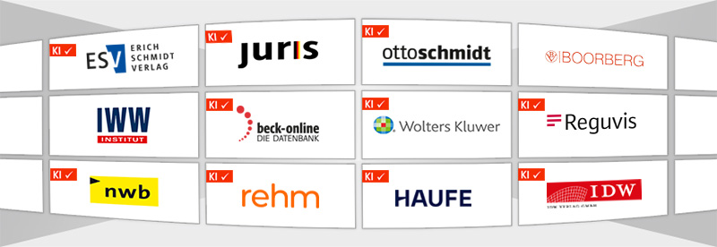 Banner mit Collage von Logos von Anbietern juristischer Datenbanken