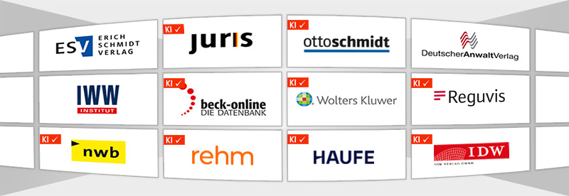 Banner mit Collage von Logos von Anbietern juristischer Datenbanken