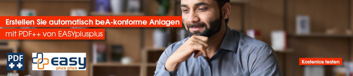 Das Banner zeigt einen entspannt lächelnden Mann, denn mit PDF++ von EASYplusplus kann er automatisch beA-konforme Anlagen erstellen.